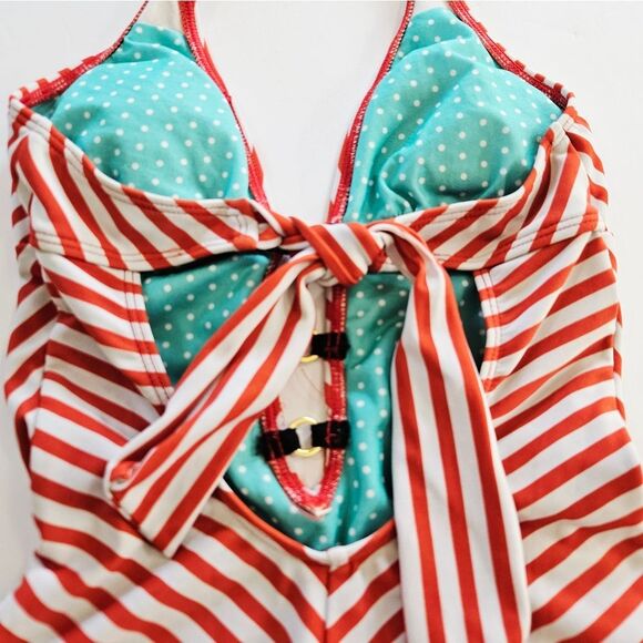 Guess Y2K Vintage Red Stripped Halter Plunge Neck One Piece Bathing Swim Suit XS - Picture 7 of 9